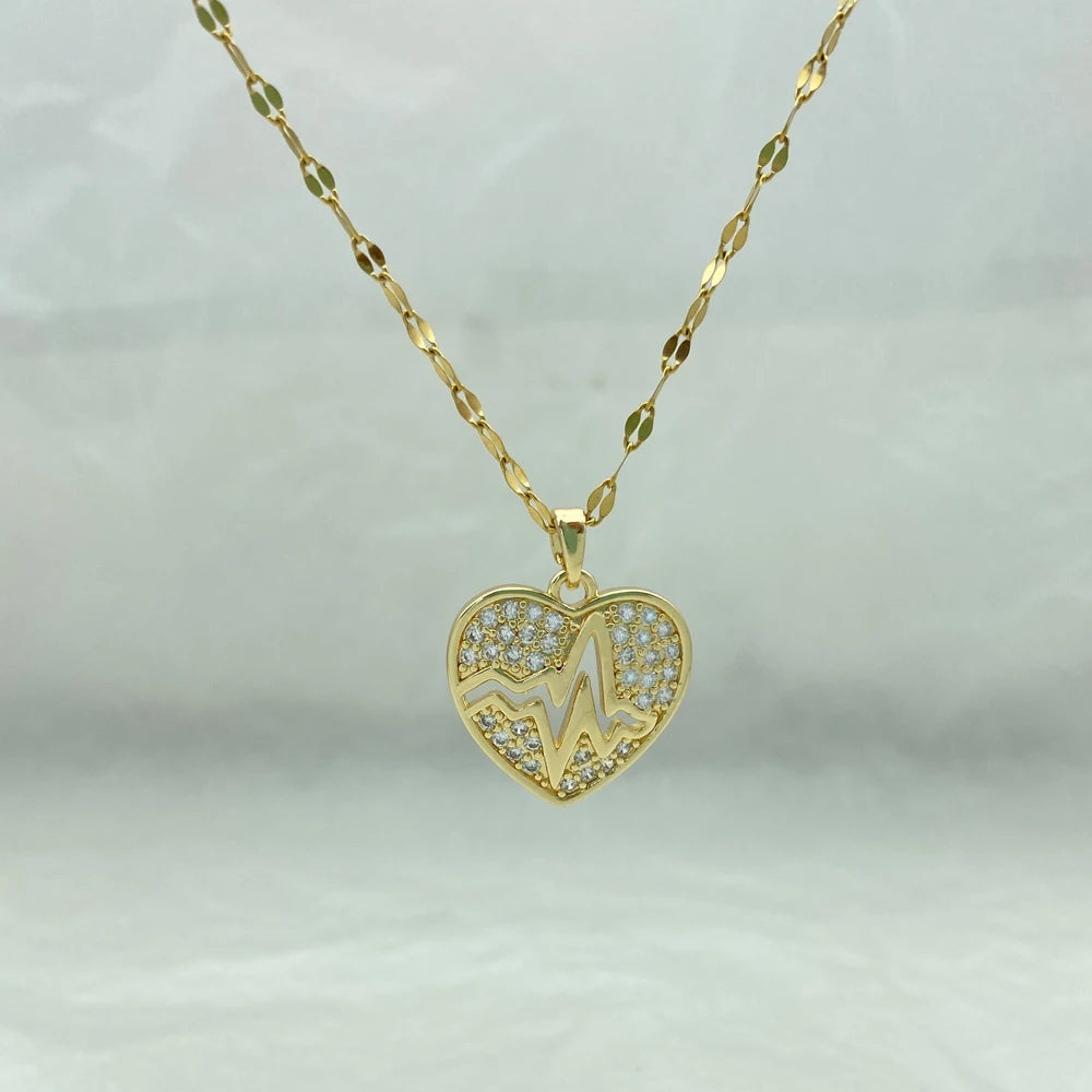 CZ Heartbeat Heart Pendant Necklace | Stainless Steel Chain