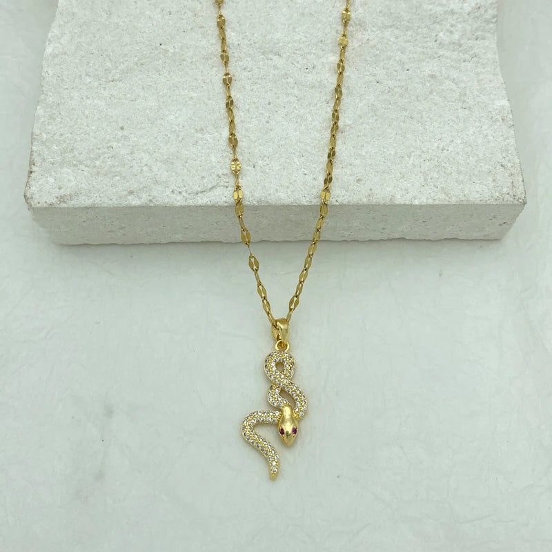 A Snake Pendant With Red Eyes Zircons New In Stainless Steel Necklace For Women Gold Plated Chain Cute Style Fashion Jewelry