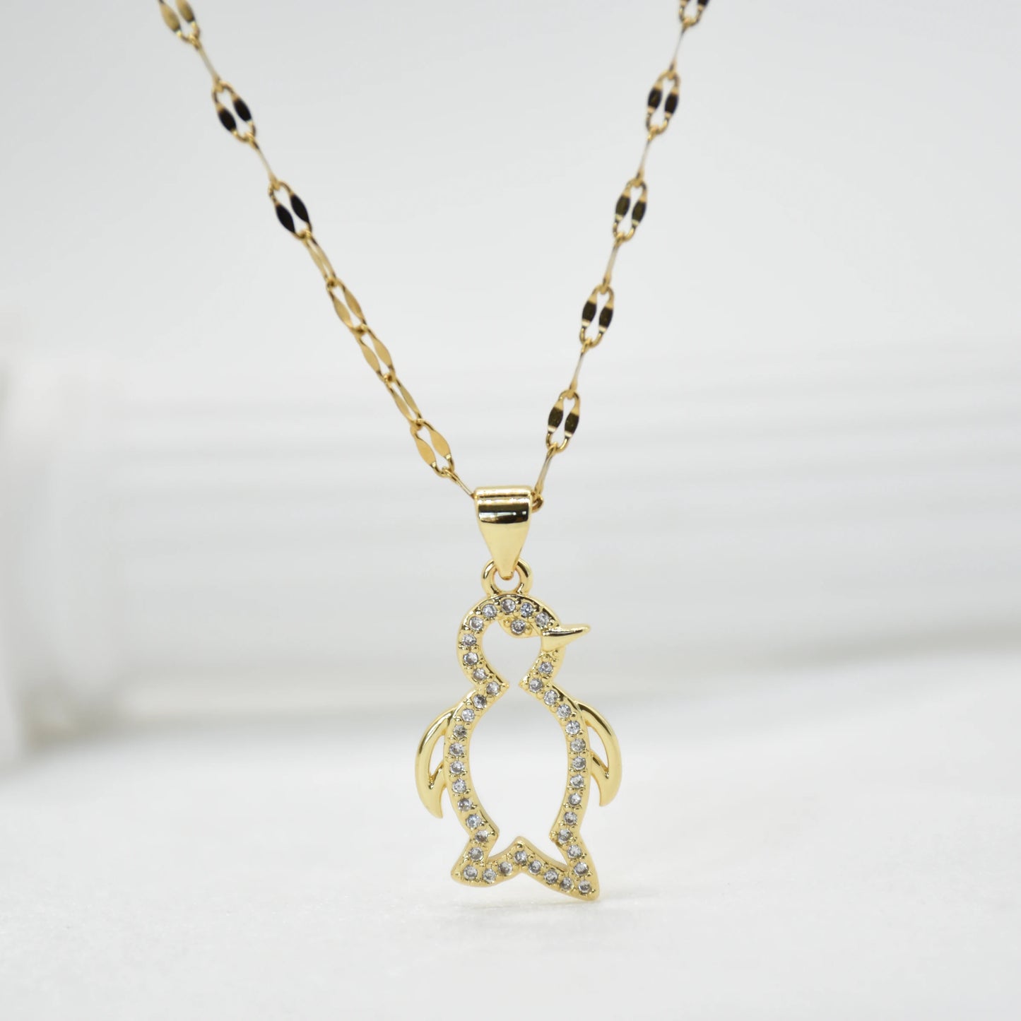 Wholesale Gold Plated Stainless Steel Penguin Zircon Pendant Necklace