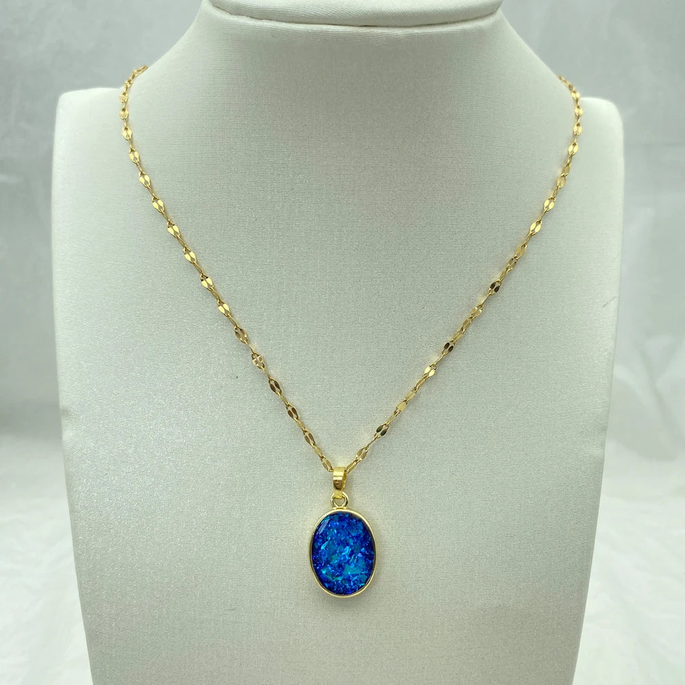 Blue Opal Oval Pendant Stainless Steel Necklace For Women Fashion Jewerly New In Shiny Cute Necklace Accessories Luxury Design