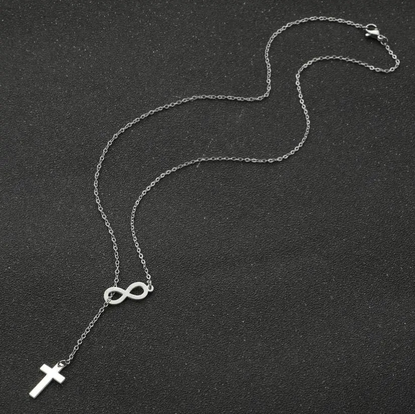 Gold Cross Infinity Y-Chain Pendant Necklace | Stainless Steel Lariat Chain