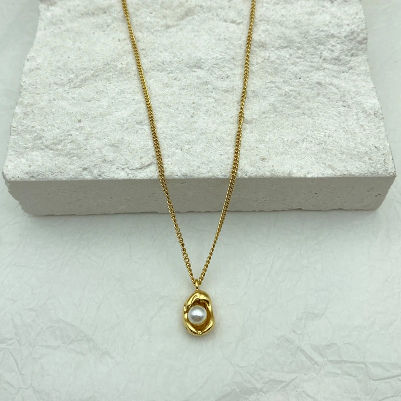Gold Color Peanut Pearl Pendants Stainless Steel Necklace for Women Korean New Fashion Jewelry Collarbone Chain Gifts for Woman