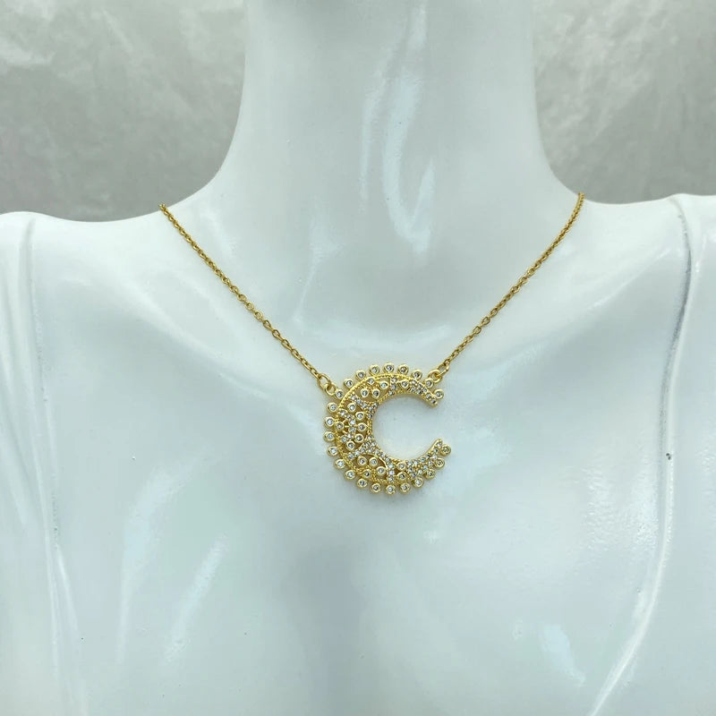 Wholesale Gold Plated Stainless Steel Moon Pendant Necklace with Zircons