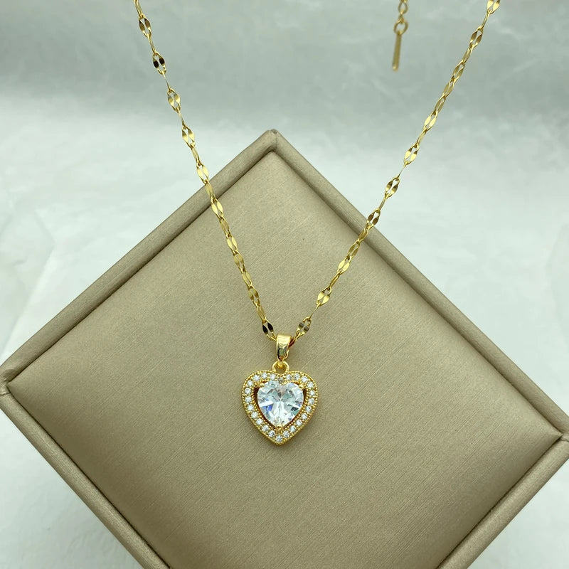 White Zircon Heart Pendant Gold Plated Stainless Steel Necklaces For Women New In Fashion Jewelry New In Style
