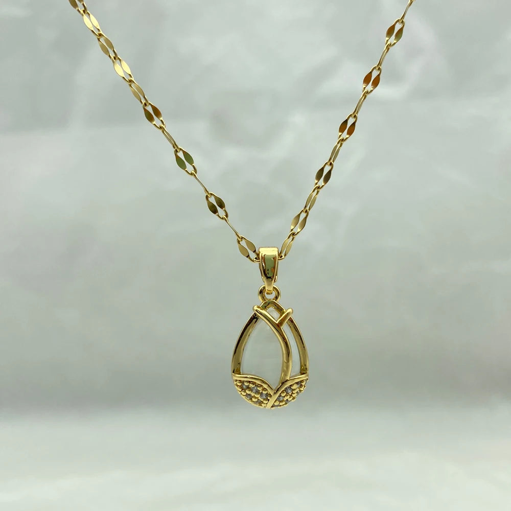 Opal Pendant Necklace for Women Fashion Jewelry Stainless Steel tulip Necklace Gold Plated Luxury Design Korea Style Elegant