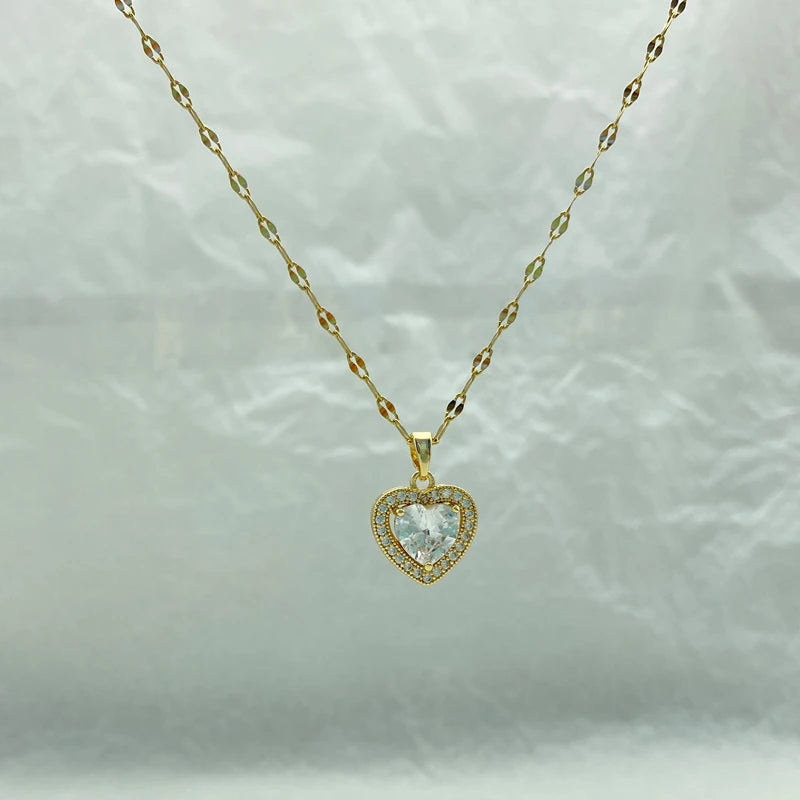 White Zircon Heart Pendant Gold Plated Stainless Steel Necklaces For Women New In Fashion Jewelry New In Style
