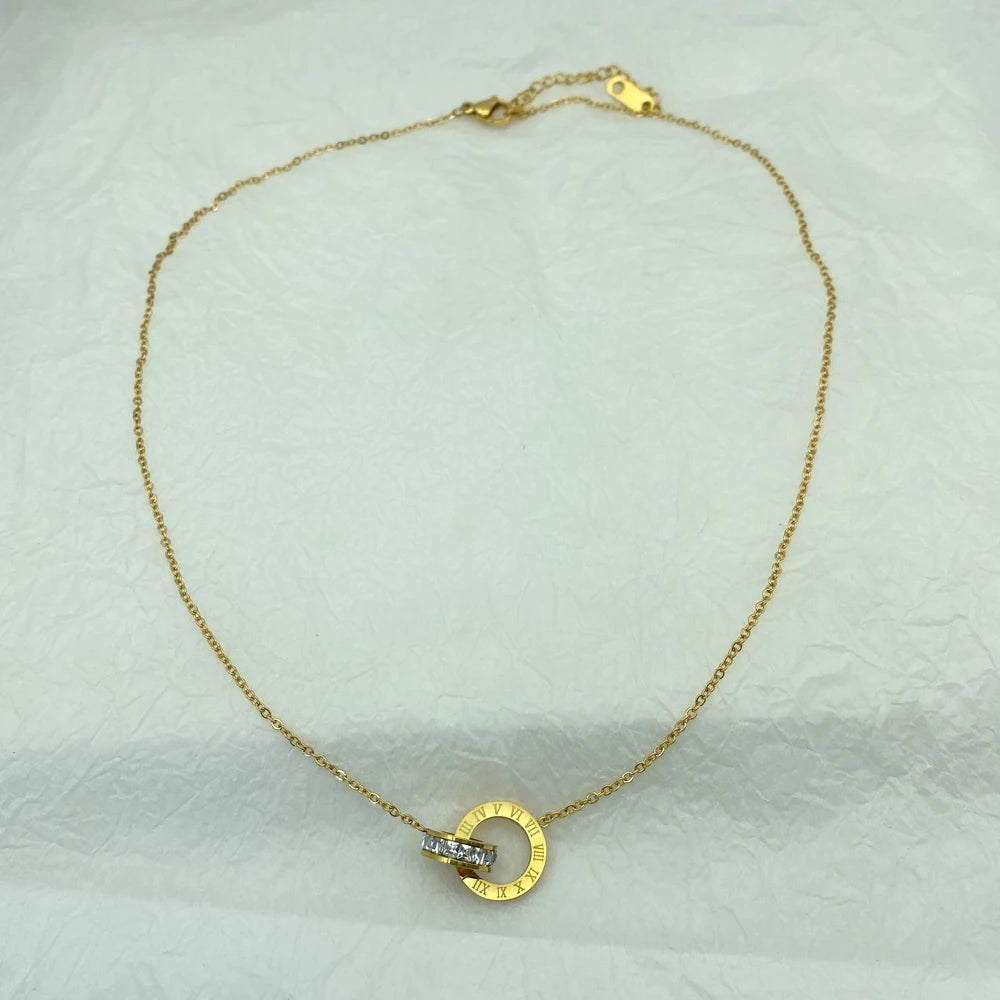 Gold Plated Silver Color Stainless Steel Necklace for Women Ring Pendants with Zircons Luxury Stainless Steel Jewelry for Summer