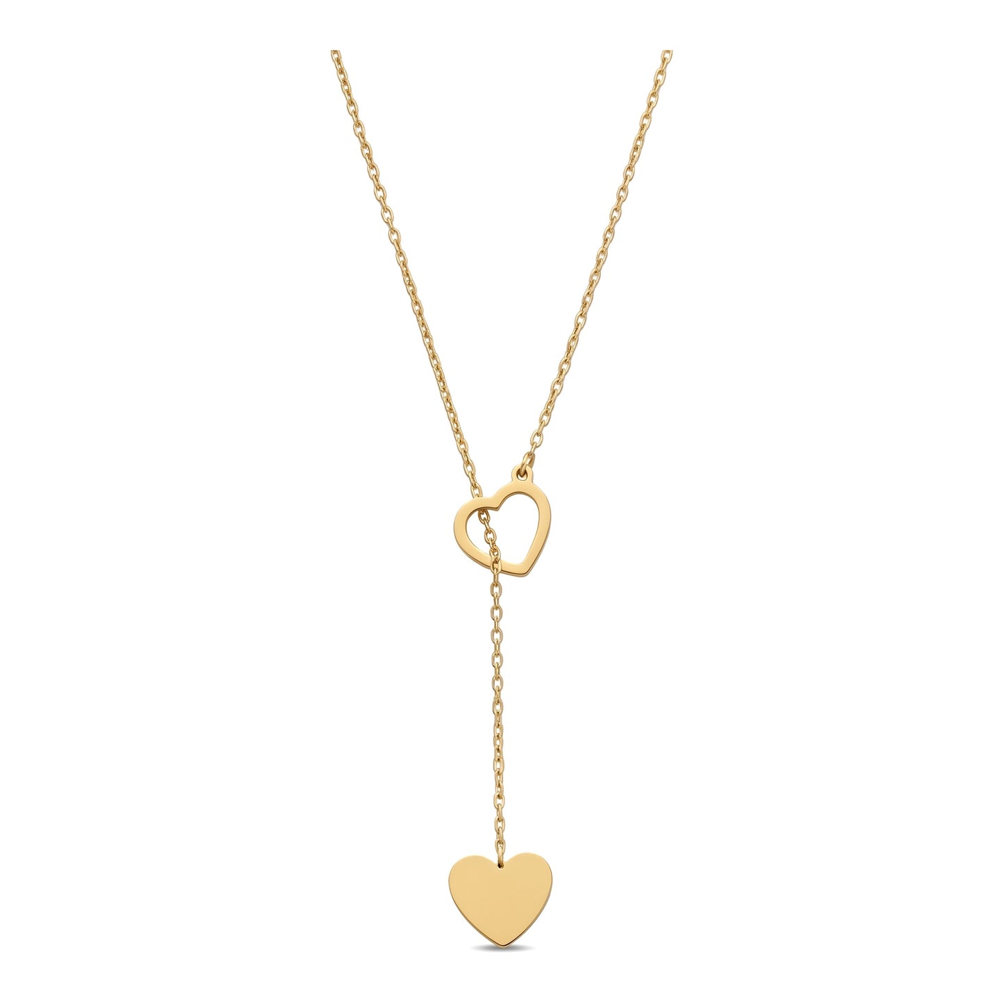 Stainless Steel Double Heart Lariat Y Necklace | 18K Gold | 45cm Chain