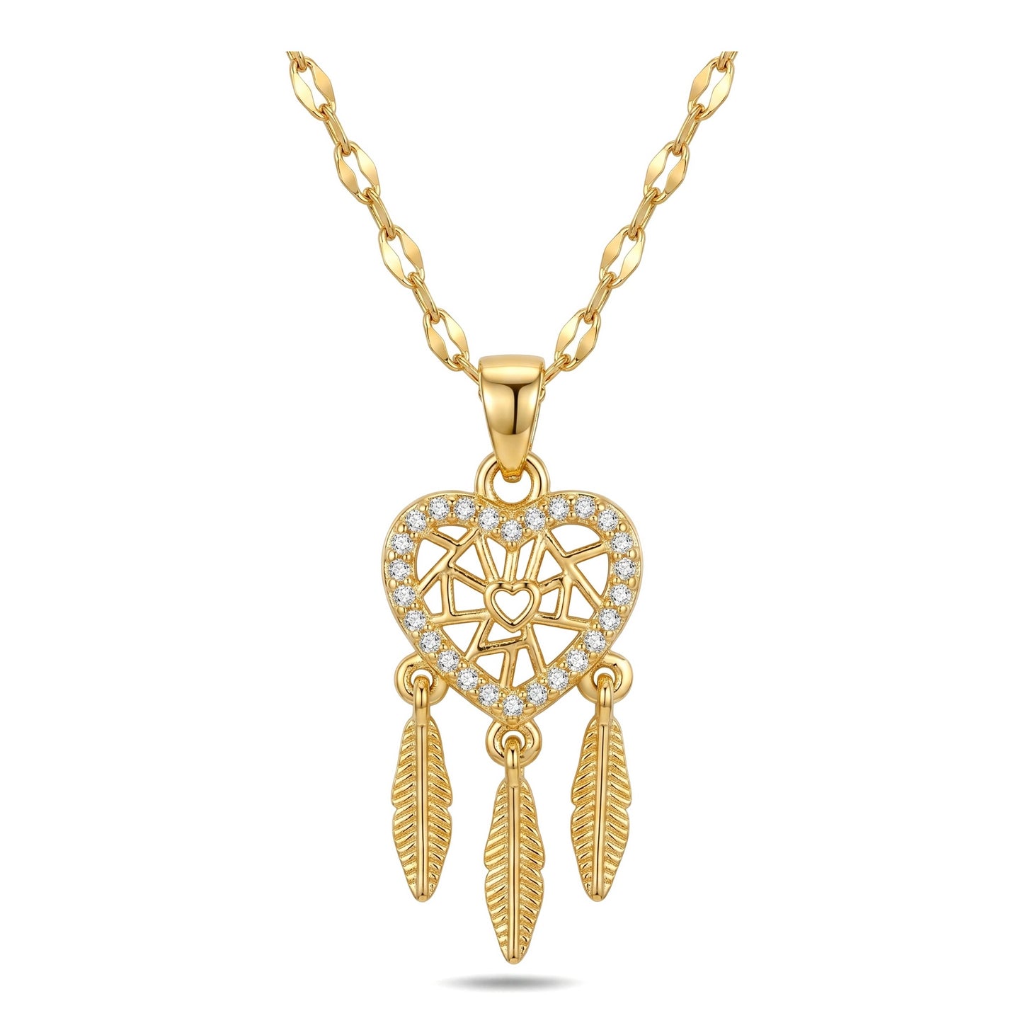 Gold Heart Dream Catcher Stianless Steel Necklace With Feather Charms