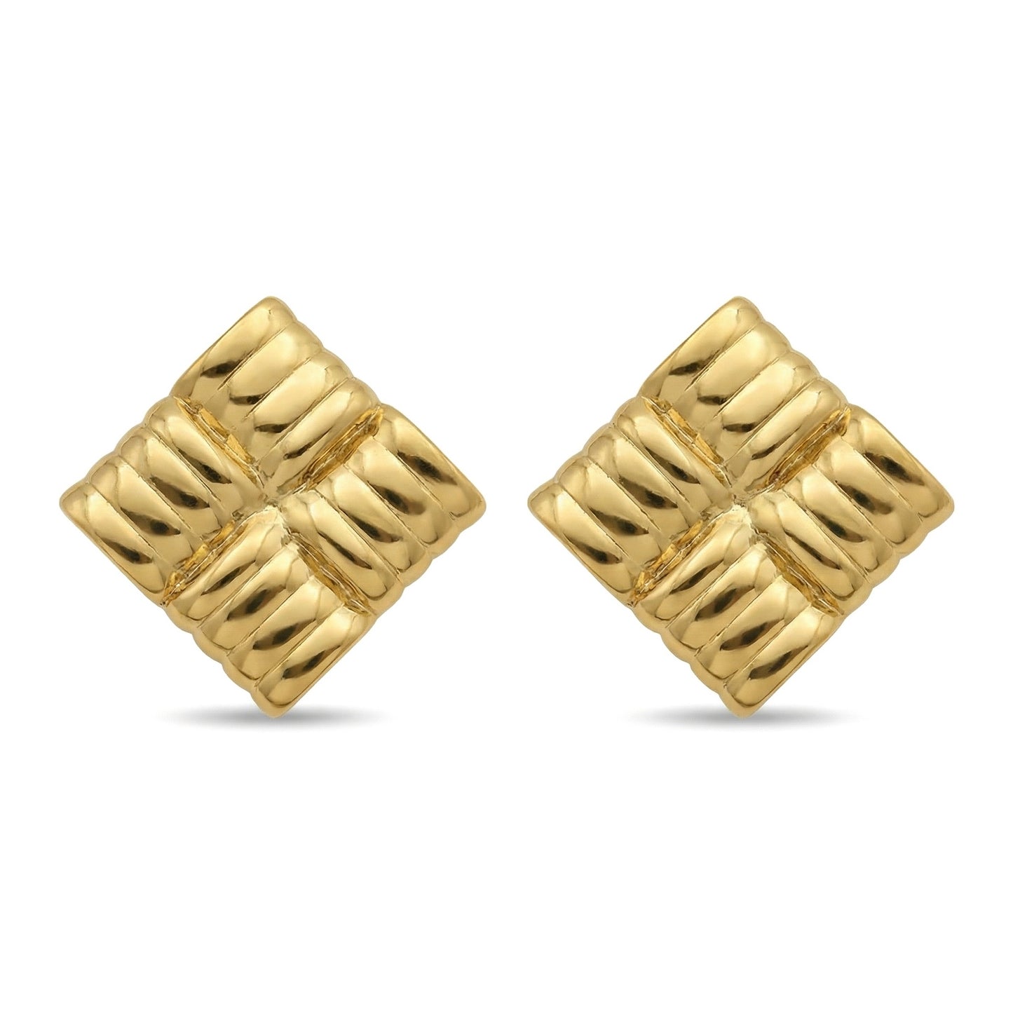 Gold Ribbed Square Grid Stud Earrings | Waterproof Stainless Steel