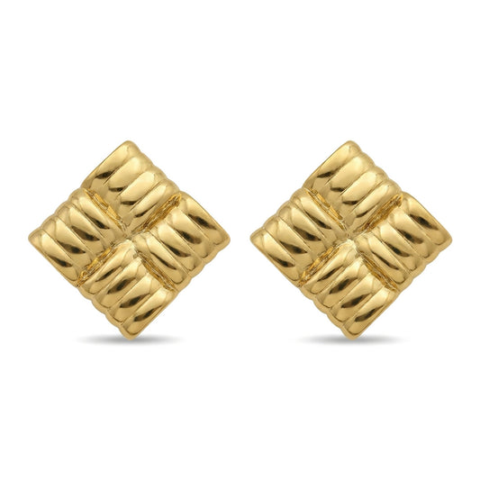 Gold Ribbed Square Grid Stud Earrings | Waterproof Stainless Steel