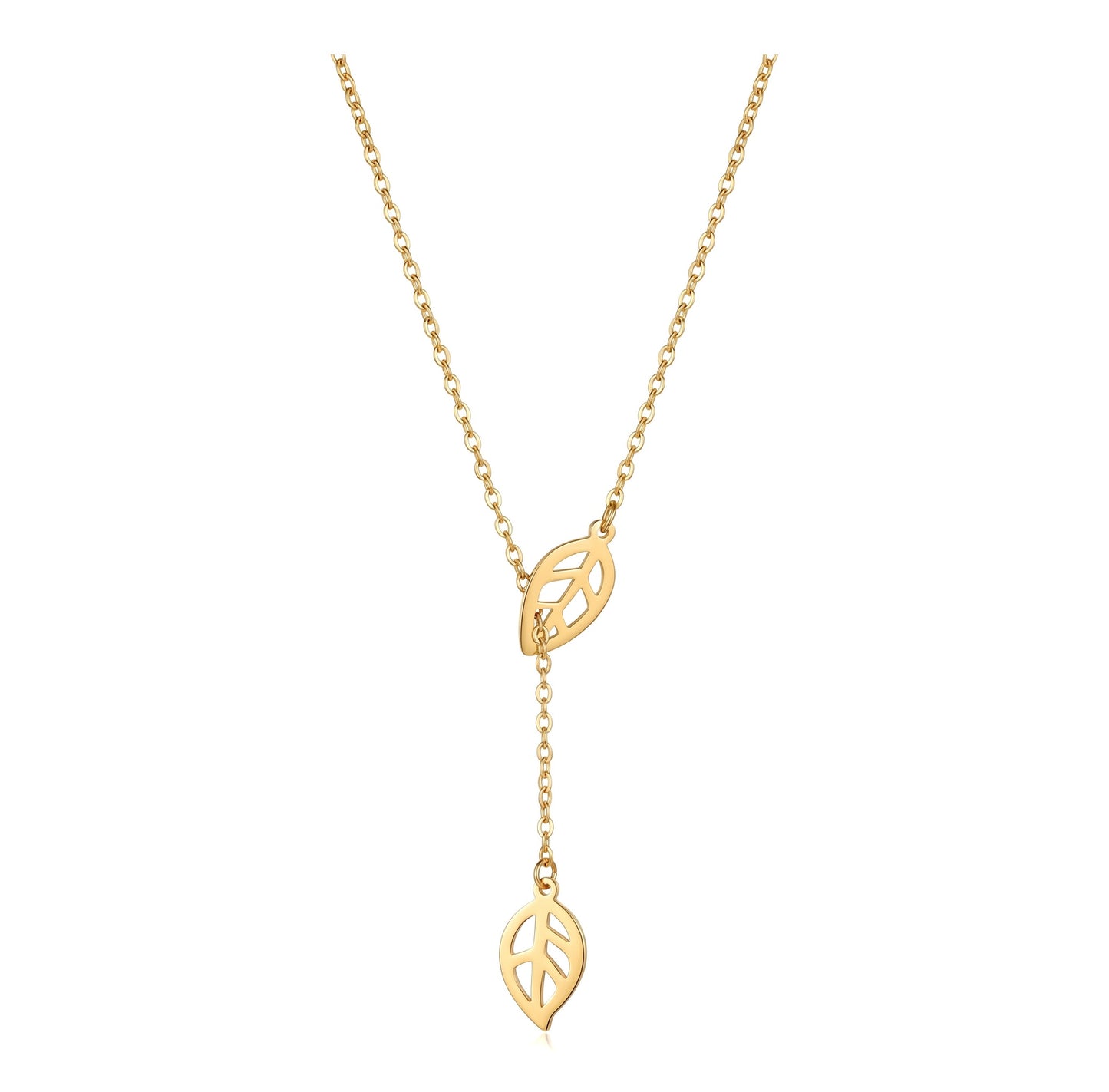 Gold Plated Hollow Leaf Lariat Y-Drop Necklace | Stainless Steel