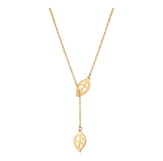 Gold Plated Hollow Leaf Lariat Y-Drop Necklace | Stainless Steel
