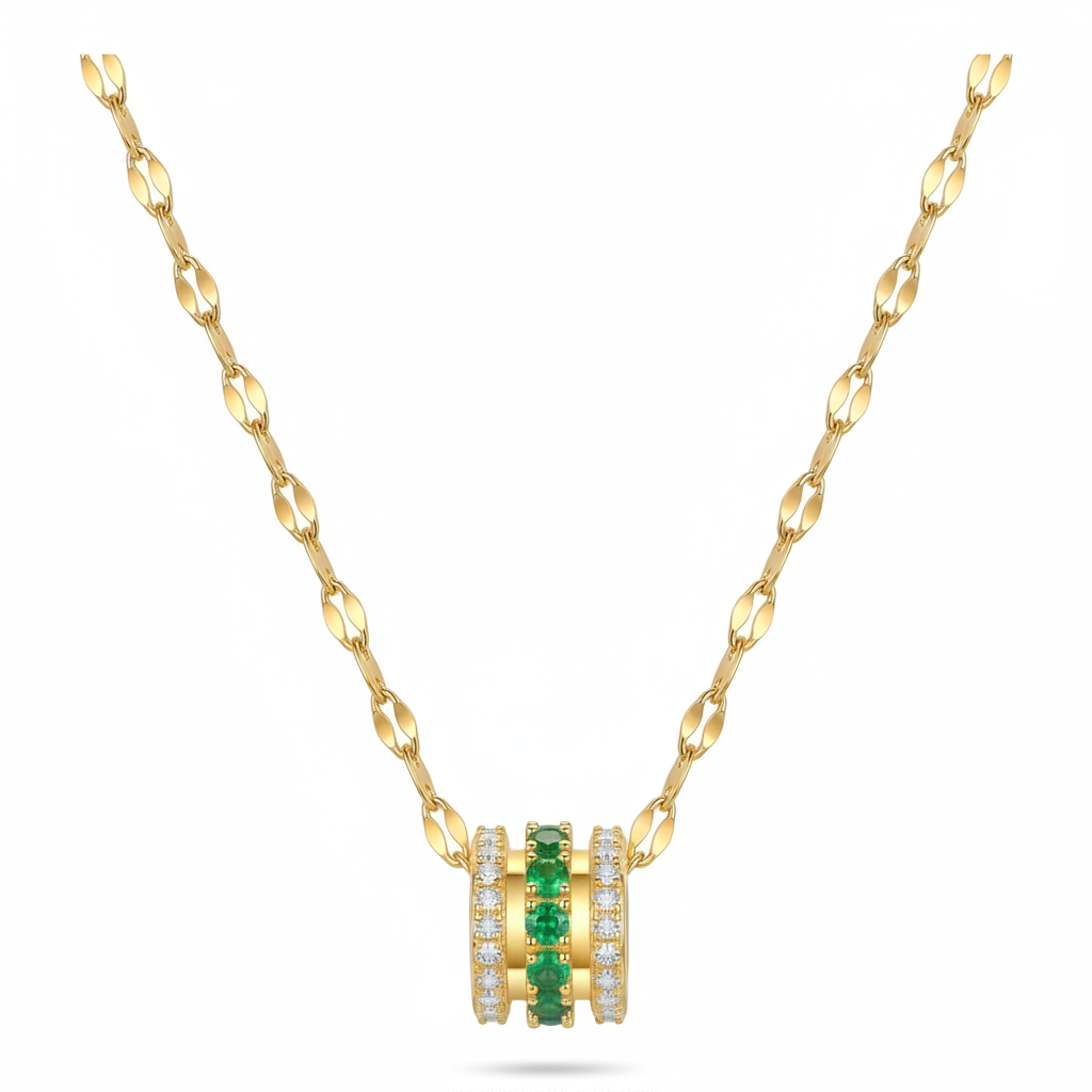 Emerald Green CZ Barrel Pendant Necklace | 18K Gold Plated Stainless Steel