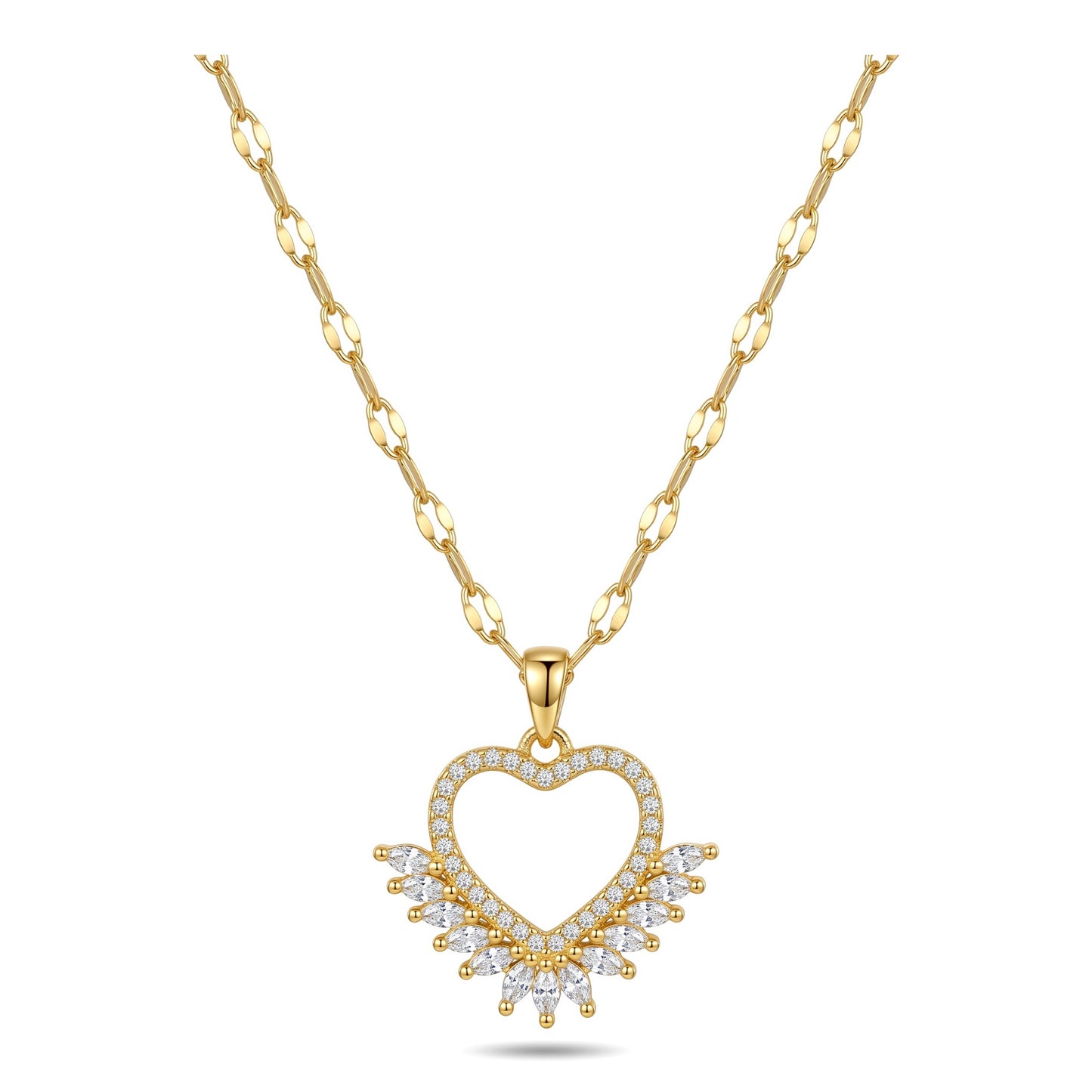 18K Gold Plated Open Heart Marquise CZ Pendant Necklace | Stainless Steel Chain