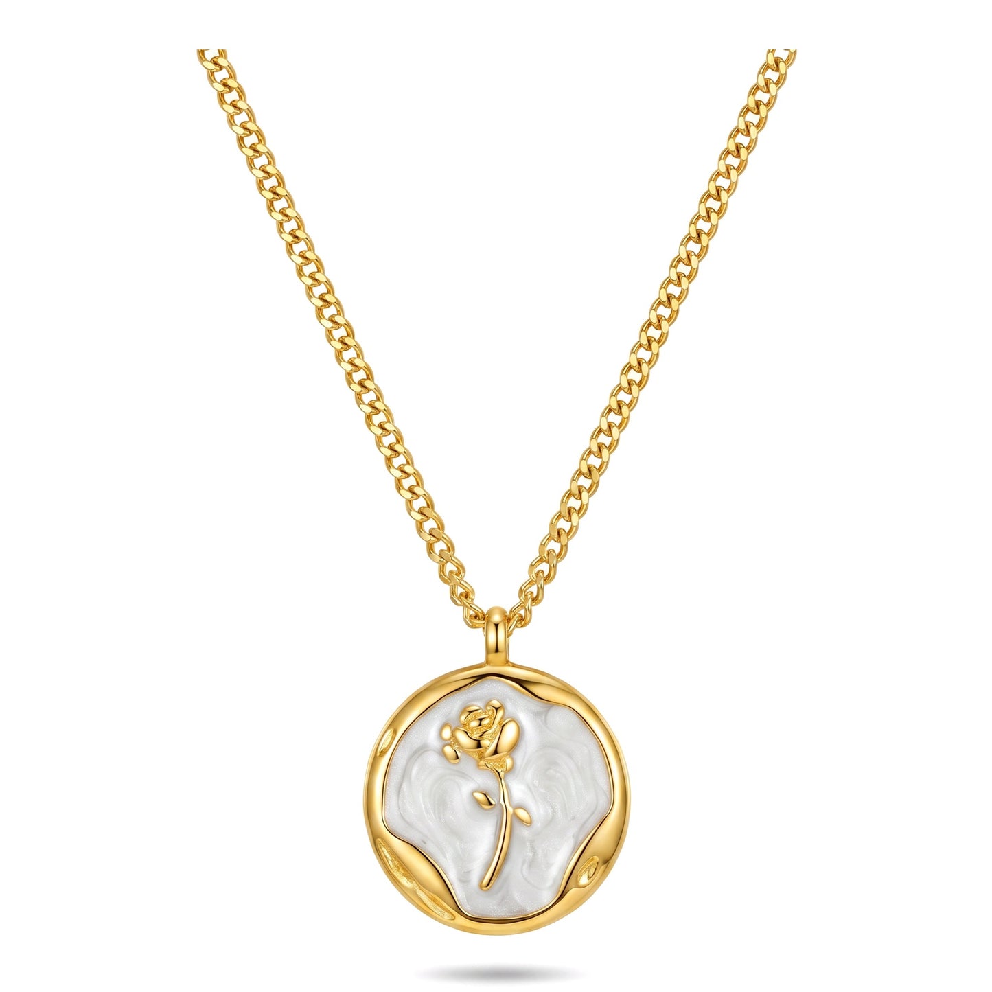 Mother of Pearl Rose Coin Pendant Necklace |  Stainless Steel Chains