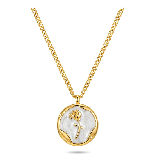Mother of Pearl Rose Coin Pendant Necklace |  Stainless Steel Chains