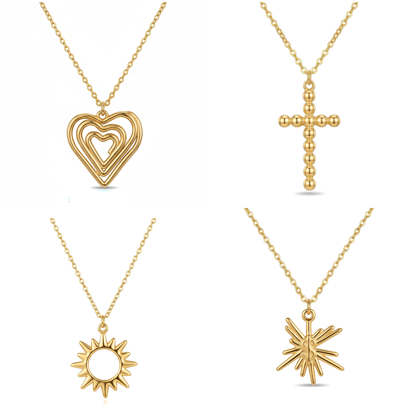 18K Gold Plated Stainless Steel Pendant Necklace Set| Heart，Cross