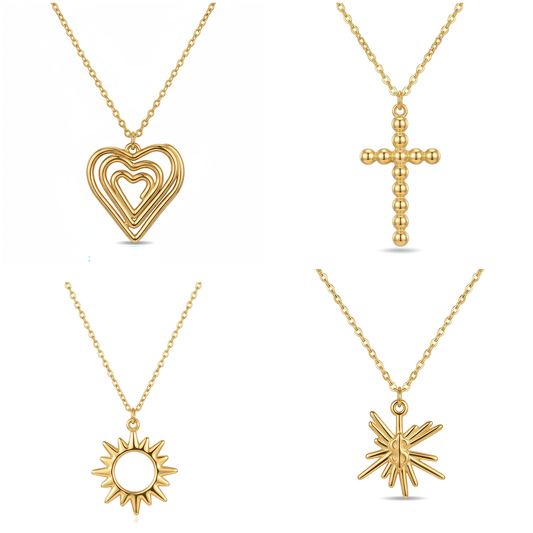 18K Gold Plated Stainless Steel Pendant Necklace Set| Heart，Cross