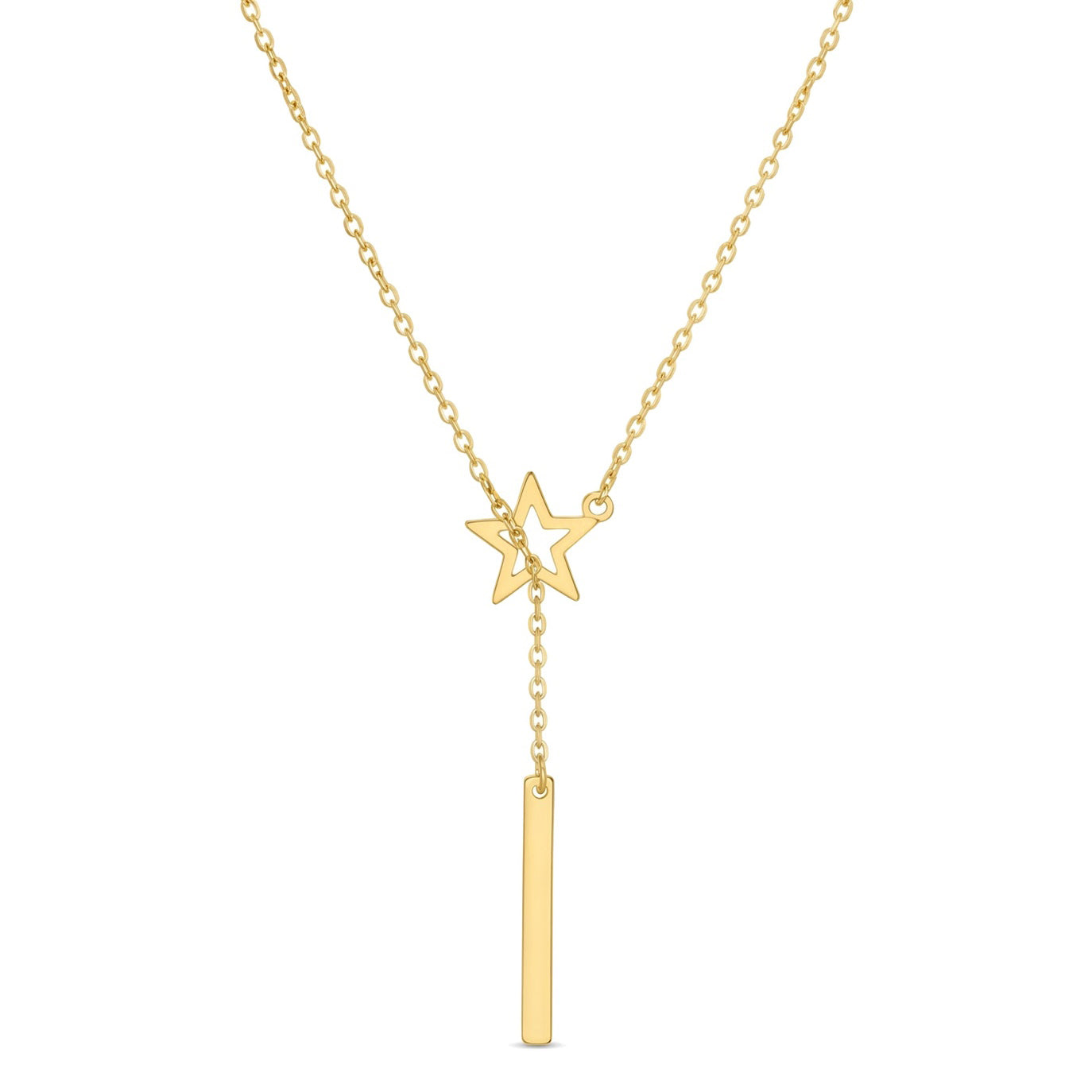 Stainless Steel Open Star Lariat Y Necklace with Bar Pendant | 18K Gold