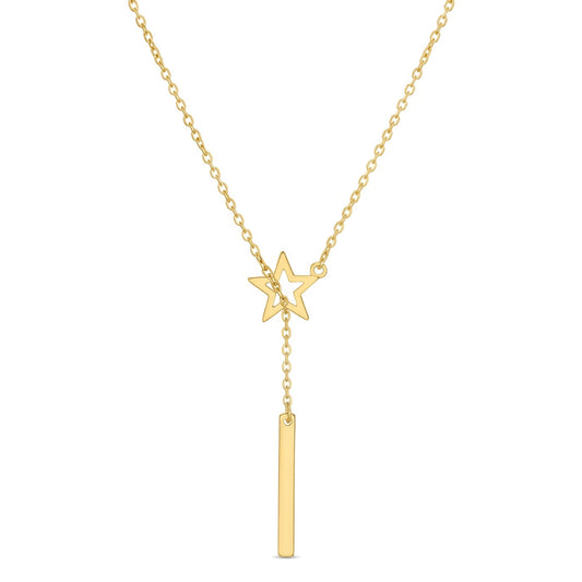 Stainless Steel Open Star Lariat Y Necklace with Bar Pendant | 18K Gold