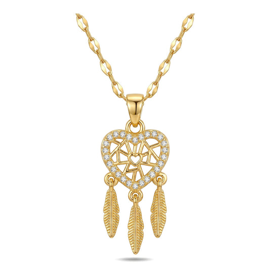 Gold Heart Dream Catcher Stianless Steel Necklace With Feather Charms