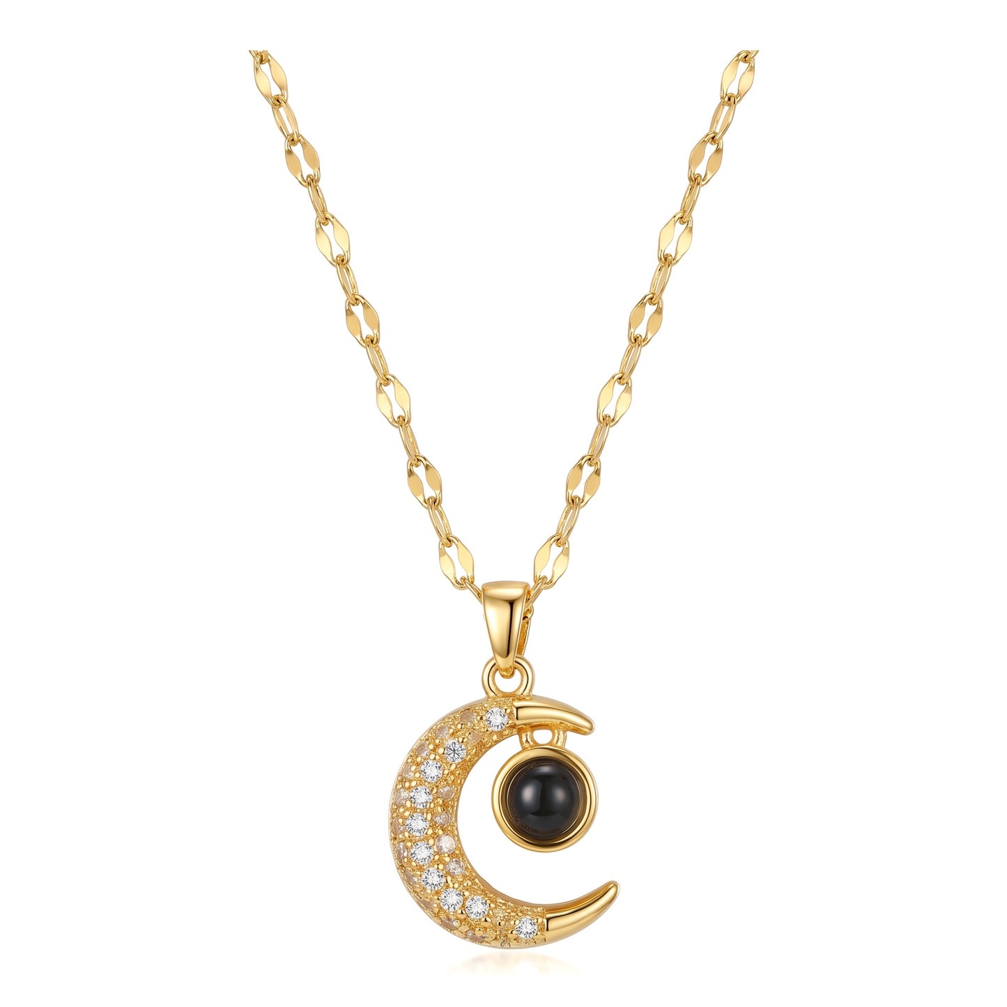 Pave CZ Crescent Moon & Projection Stone Pendant Necklace | Stainless Steel