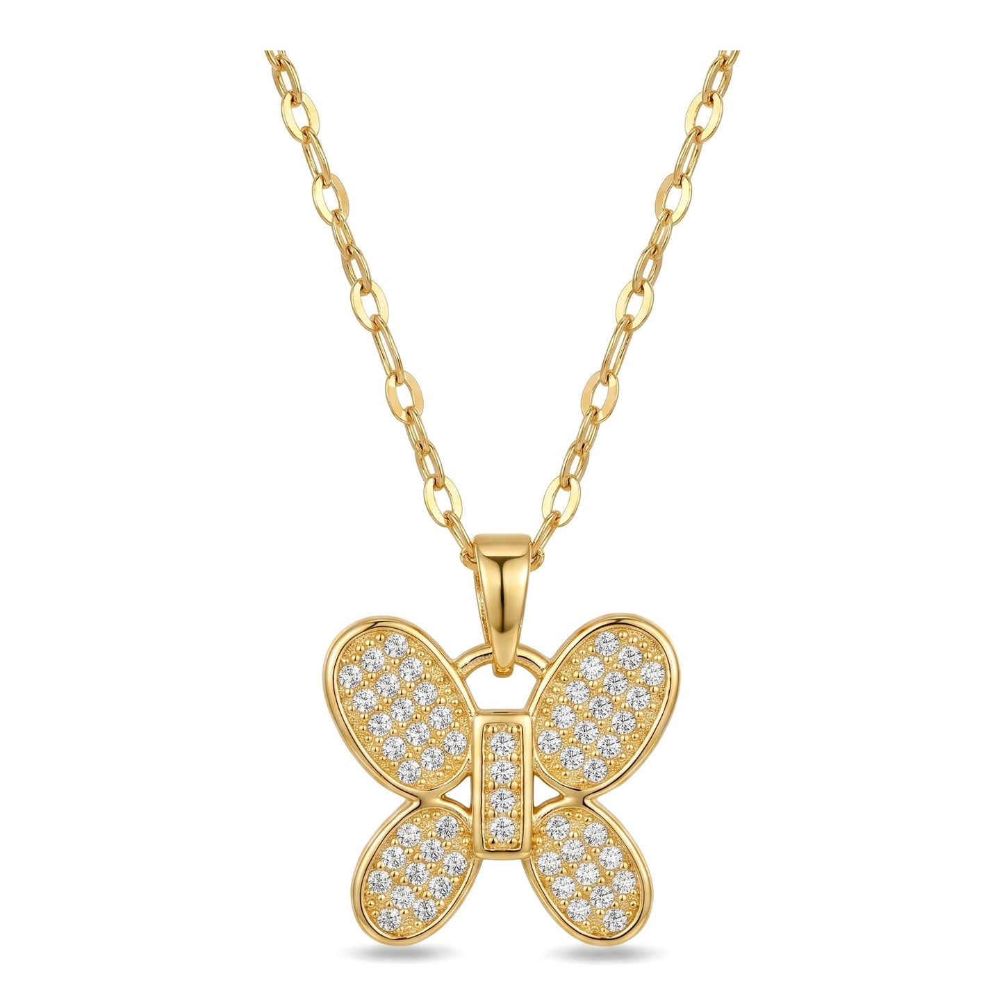 8K Gold Plated Pave CZ Butterfly Pendant Necklace | Stainless Steel Chain