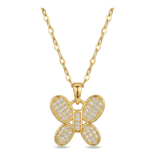 8K Gold Plated Pave CZ Butterfly Pendant Necklace | Stainless Steel Chain