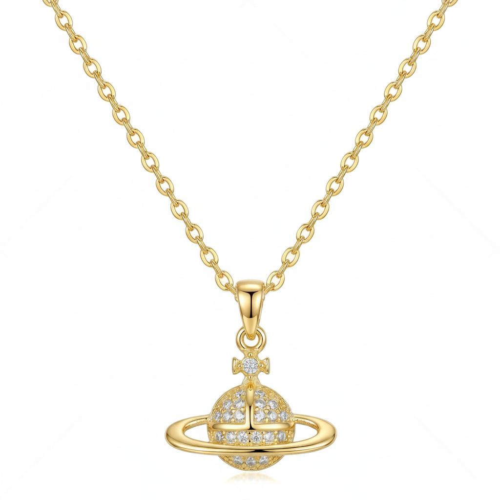 Gold Plated Stainless Steel O Chain Saturn-Pendant Necklace For Women