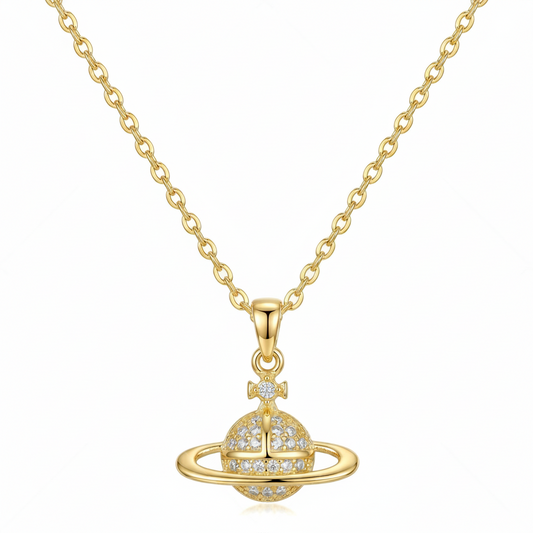 Gold Plated Stainless Steel O Chain Saturn-Pendant Necklace For Women