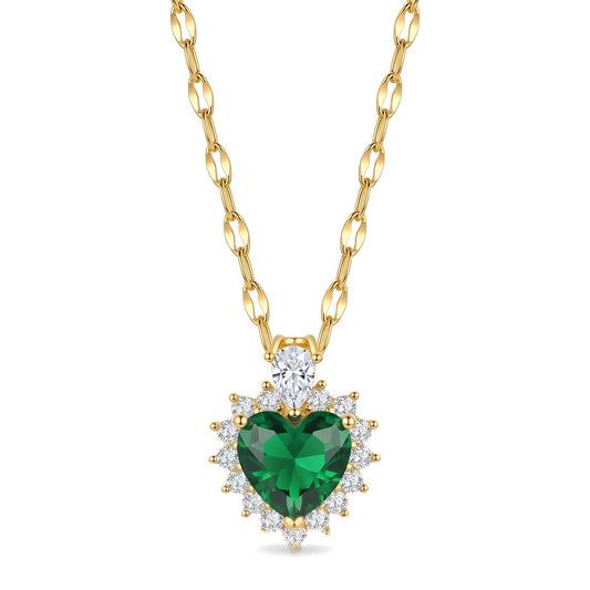 Emerald Green Heart CZ Pendant Necklace |Stainless Steel Chain