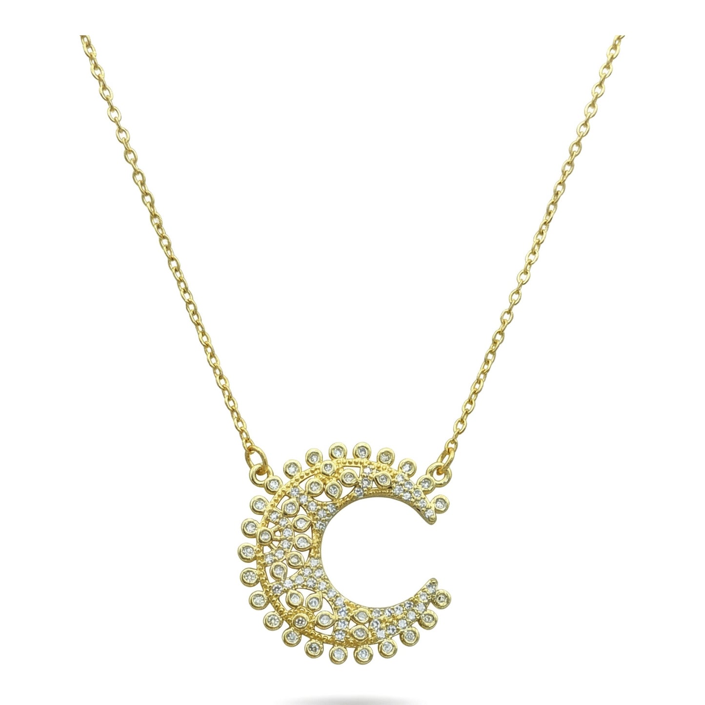 Wholesale Gold Plated Stainless Steel Moon Pendant Necklace with Zircons