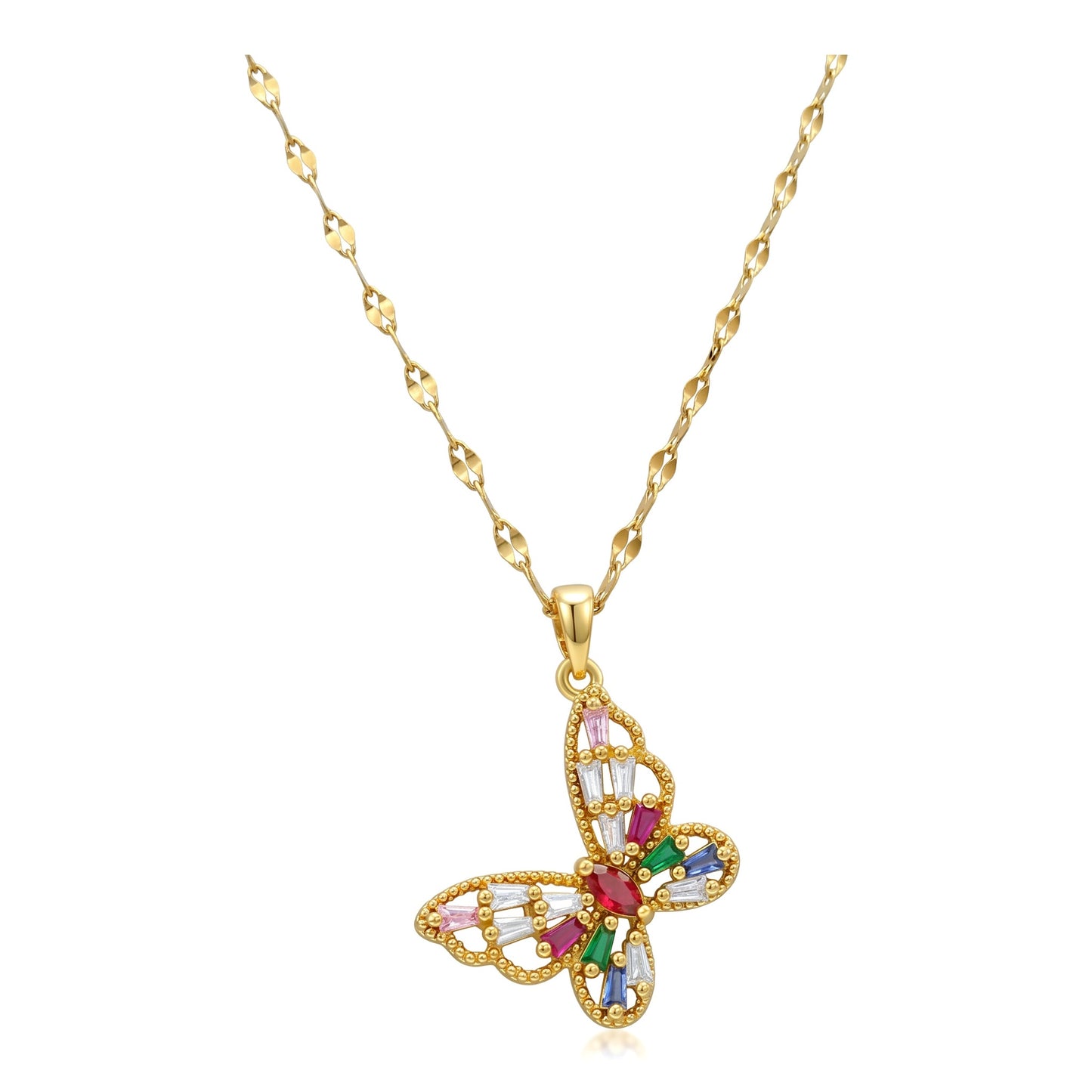 Colorful CZ Butterfly Pendant Necklace | 18K Gold Plated Stainless Steel
