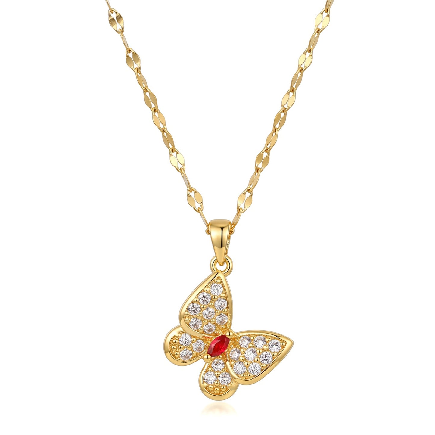 18K Gold Plated CZ Butterfly Pendant Necklace | Stainless Steel Chains
