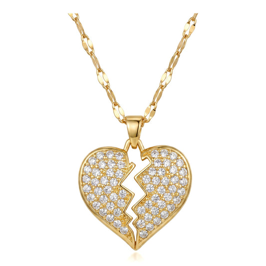 18K Gold Plated CZ Broken Heart Pendant Stainless Steel Necklace