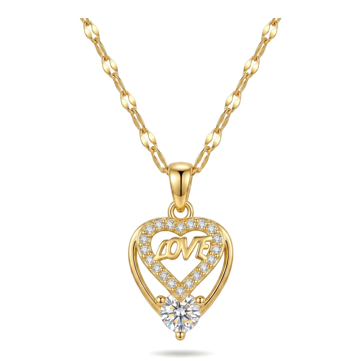 Gold LOVE Heart CZ Pendant Necklace| Stainless Steel Chain | Brass Pendant