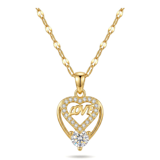 Gold LOVE Heart CZ Pendant Necklace| Stainless Steel Chain | Brass Pendant