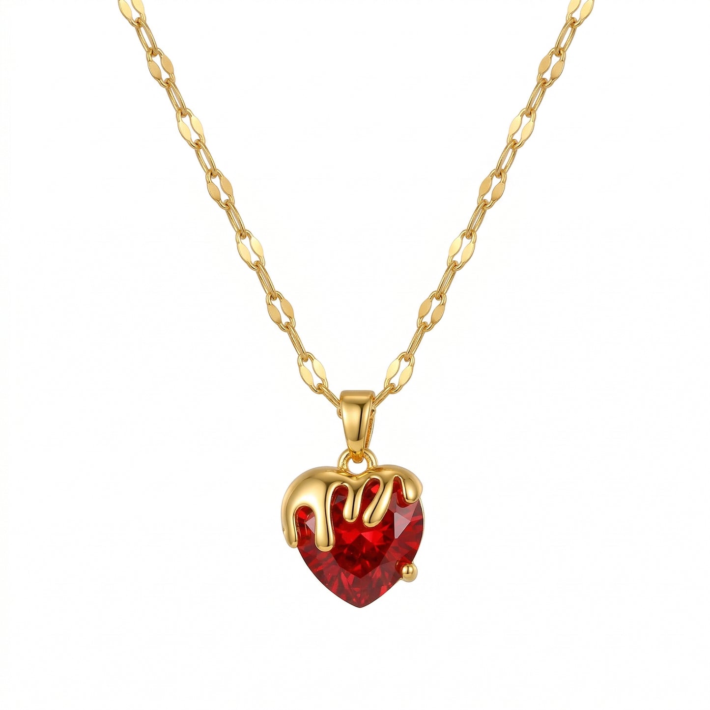 Wholesale Gold Plated Stainless Steel Red Heart Zircon Pendant Necklace