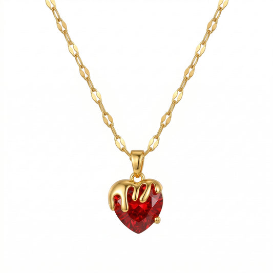Wholesale Gold Plated Stainless Steel Red Heart Zircon Pendant Necklace