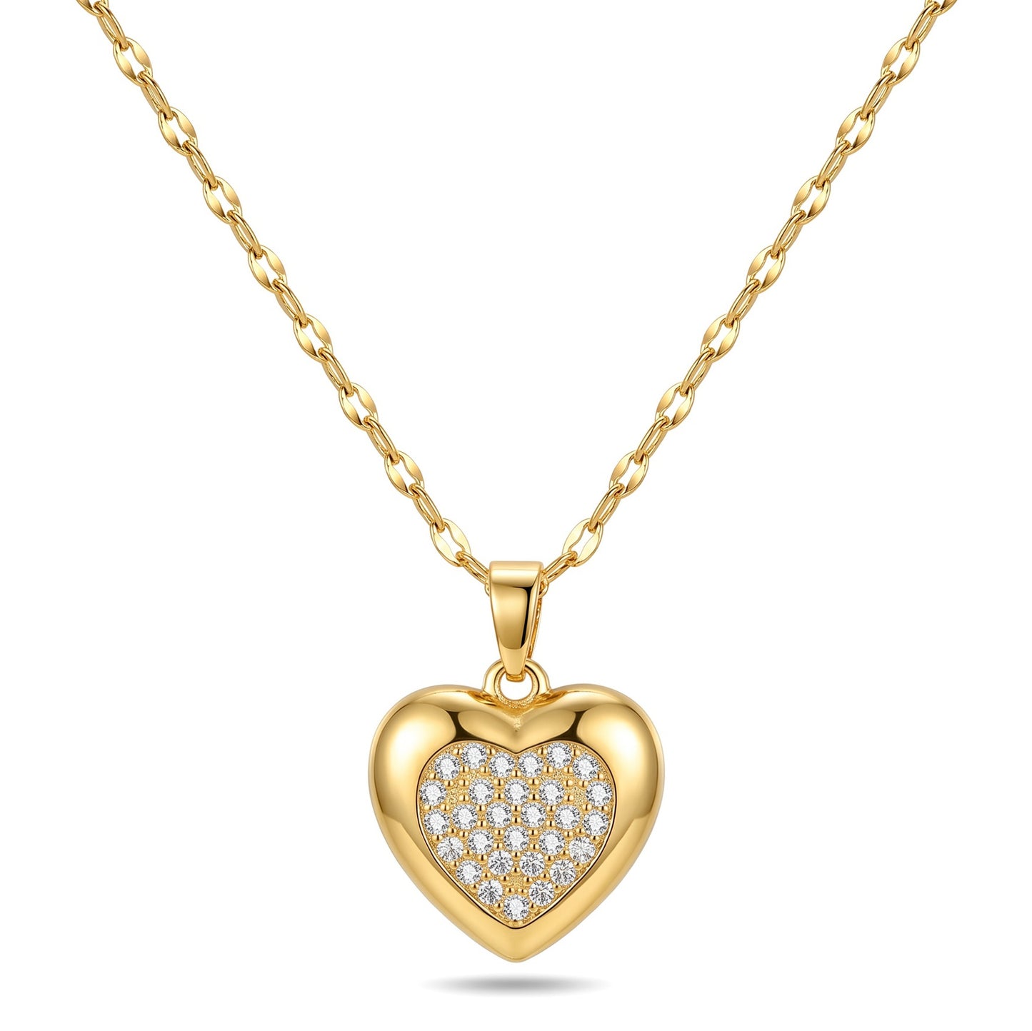 Gold Puffy Heart CZ Pendant Necklace | 18K Gold Plated Stainless Steel Chain