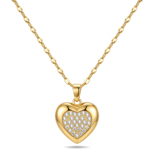 Gold Puffy Heart CZ Pendant Necklace | 18K Gold Plated Stainless Steel Chain