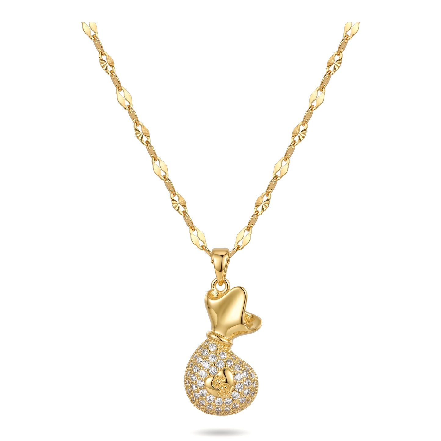 18K Gold Plated Pave CZ Money Bag Pendant Necklace | Stainless Steel Chain