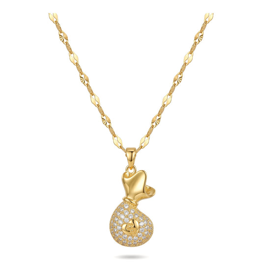 18K Gold Plated Pave CZ Money Bag Pendant Necklace | Stainless Steel Chain