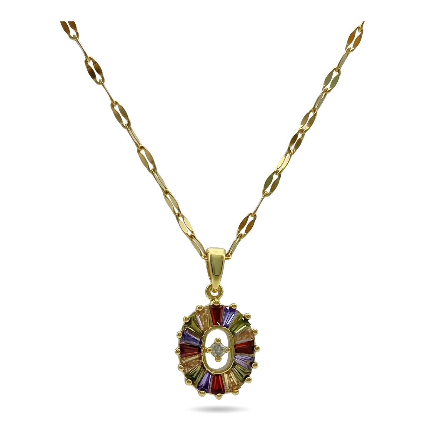 Gold Colorful Baguette CZ Sunburst Oval Pendant Necklace |  Stainless Steel Chain