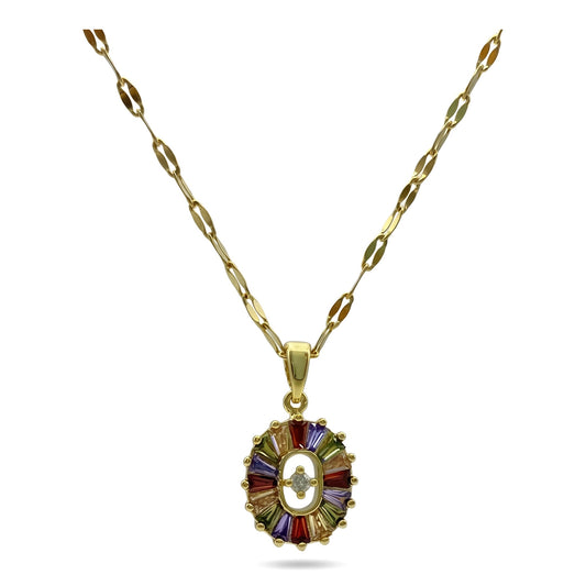 Gold Colorful Baguette CZ Sunburst Oval Pendant Necklace |  Stainless Steel Chain