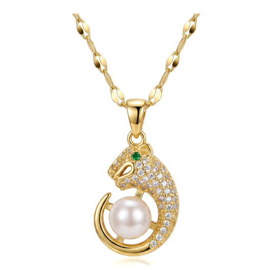 CZ Pave Leopard Pearl Pendant Necklace|18K Gold Plated Stainless Steel