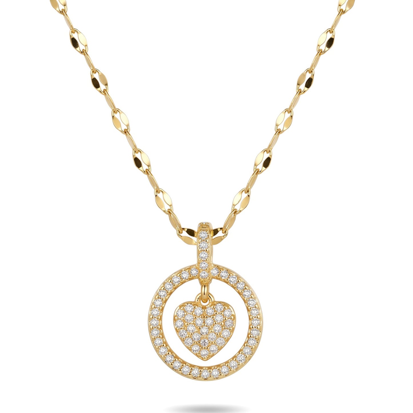 CZ Pave Heart Circle Pendant Necklace | Puffy Heart Halo Charm Stainless Steel