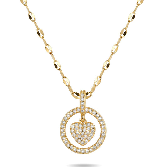 CZ Pave Heart Circle Pendant Necklace | Puffy Heart Halo Charm Stainless Steel