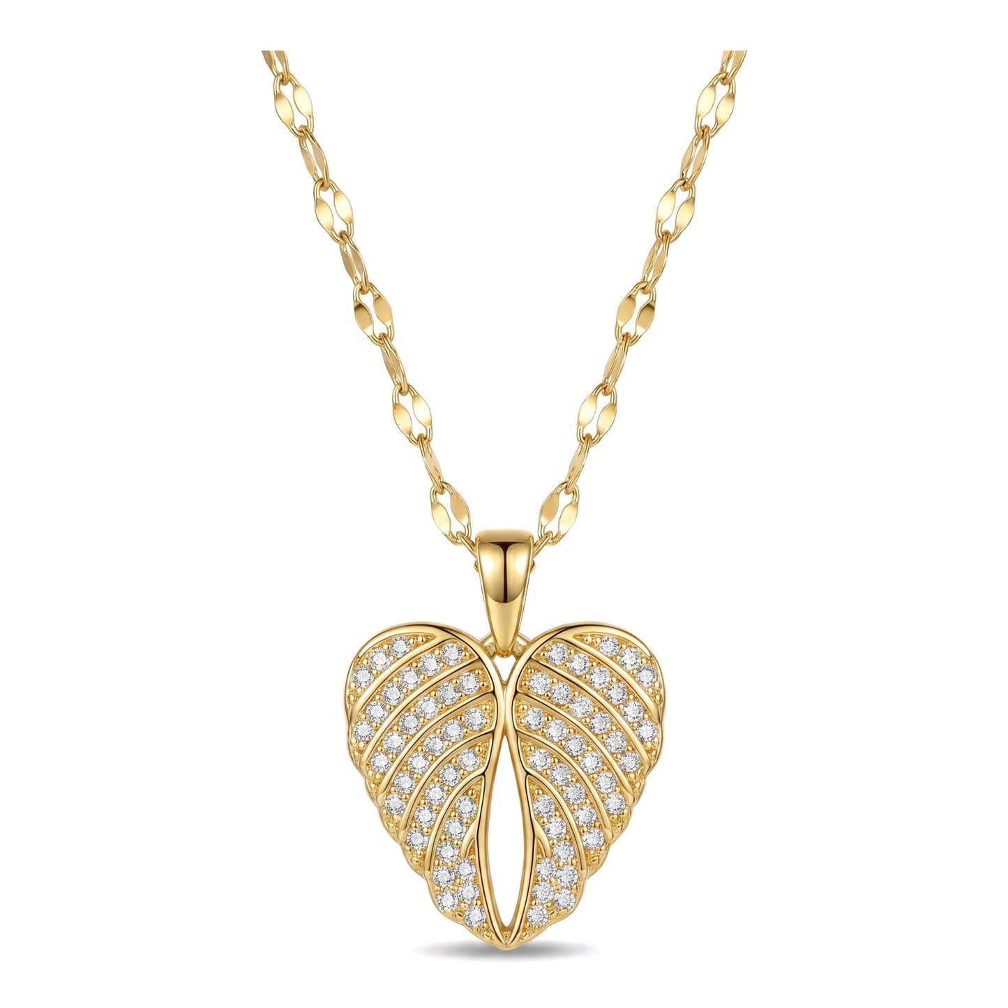 Gold CZ Angel Wing Heart Pendant Necklace | Stainless Steel Chain